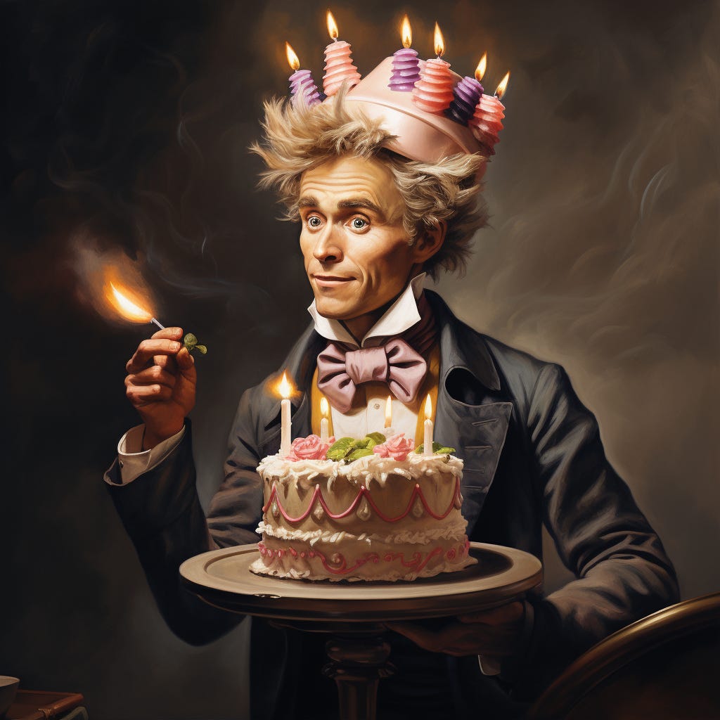 Image of Soren Kierkegaard with a birthday hat and birthday cake