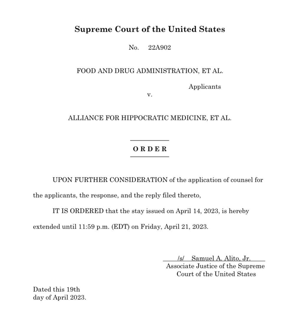 O R D E R  UPON FURTHER CONSIDERATION of the application of counsel for the applicants, the response, and the reply filed thereto, IT IS ORDERED that the stay issued on April 14, 2023, is hereby extended until 11:59 p.m. (EDT) on Friday, April 21, 2023.