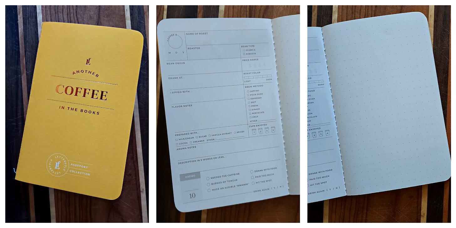 From left: A yellow pocketsized notepad that says "Another Coffee In The Books" on the cover in gold foil. Inside page with breakdown of coffee traits. Blank page for notes or sketches.