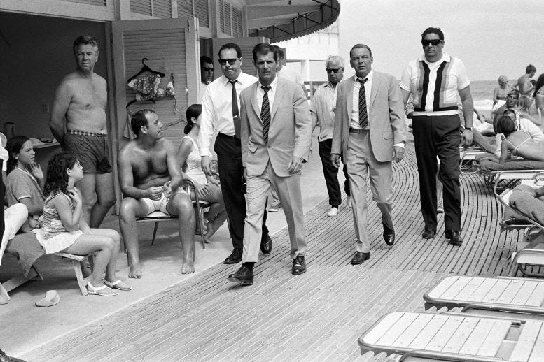 Figure 4: Frank Sinatra and entourage at the Fontainebleau Hotel during the filming of Tony Rome in 1967. Courtesy of Florida State Archives.