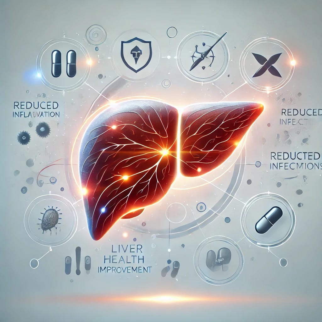 A clean and professional medical illustration showcasing a symbolic representation of liver health improvement through innovative treatments. The image features a stylized liver with glowing pathways representing reduced inflammation and infections. Surrounding the liver are abstract medical icons such as a shield (for protection), bacteria symbols fading away (indicating reduced infections), and capsules symbolizing medication. The design uses a modern, approachable style with soft gradients and a focus on clarity and positivity. The background is light with subtle medical textures, creating an optimistic and innovative tone.