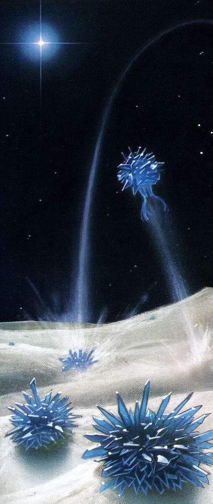 Set against a black starscape, clumps of blue crystal rocket off and crash down on pale regolith. In the upper left sky, a star flares.