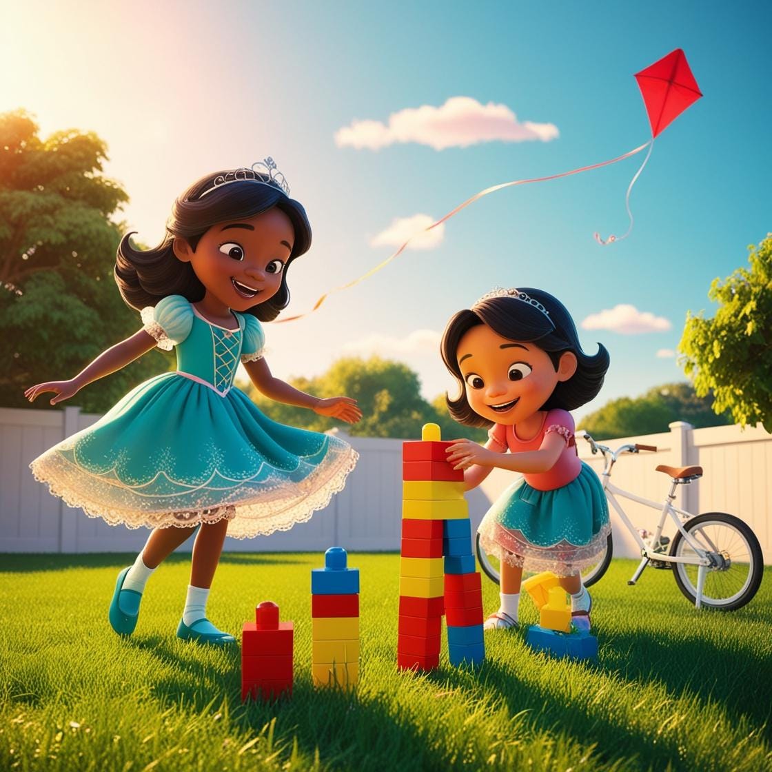 Two young sisters play joyfully in a sunlit backyard. One twirls in a pink princess dress while the other builds a colorful block tower on the grass. A red bicycle and a flying kite add to the playful outdoor scene, all bathed in warm golden sunlight.