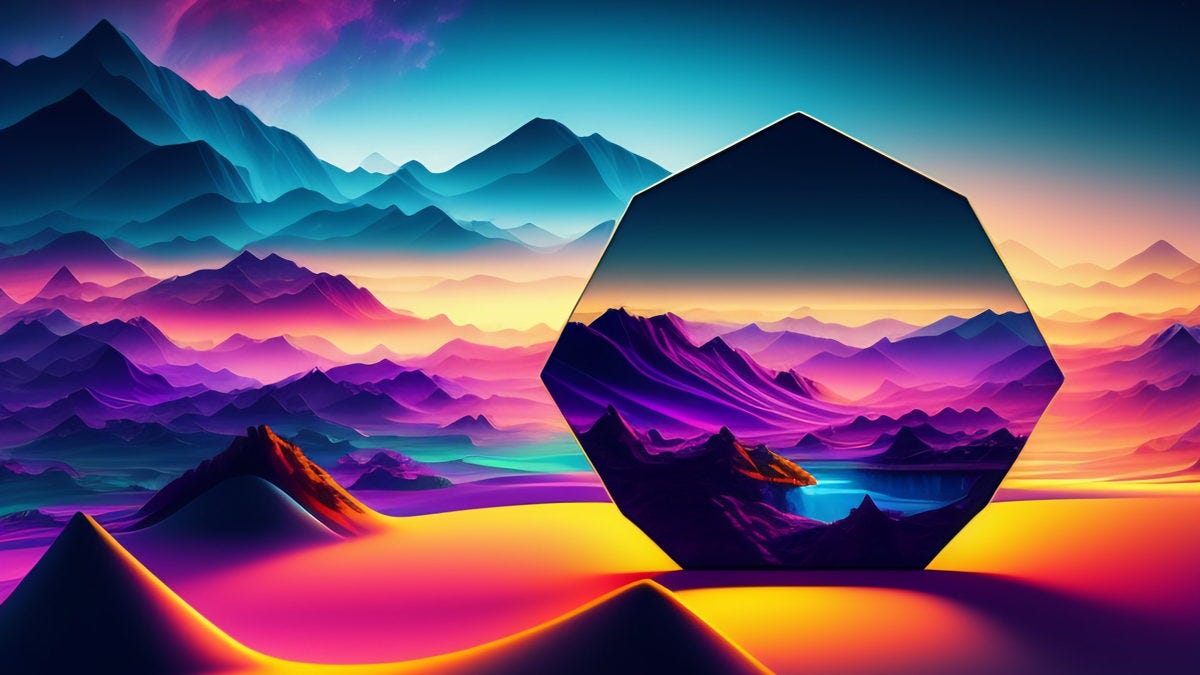 AI-generated image of a jewel-toned hexagon in a desert landscape