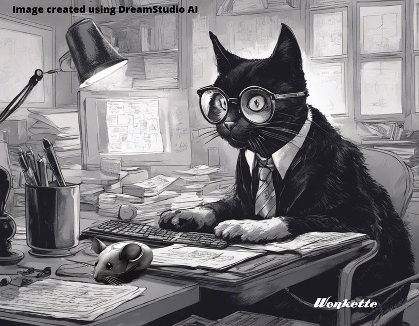 An AI-generated 'drawing' of an anthropomorphic  cat economist wearing a necktie and nerdy glasses, sitting at a desk and preparing an economic report on a computer. The computer's mouse looks a lot like an actual rodent or cat toy.