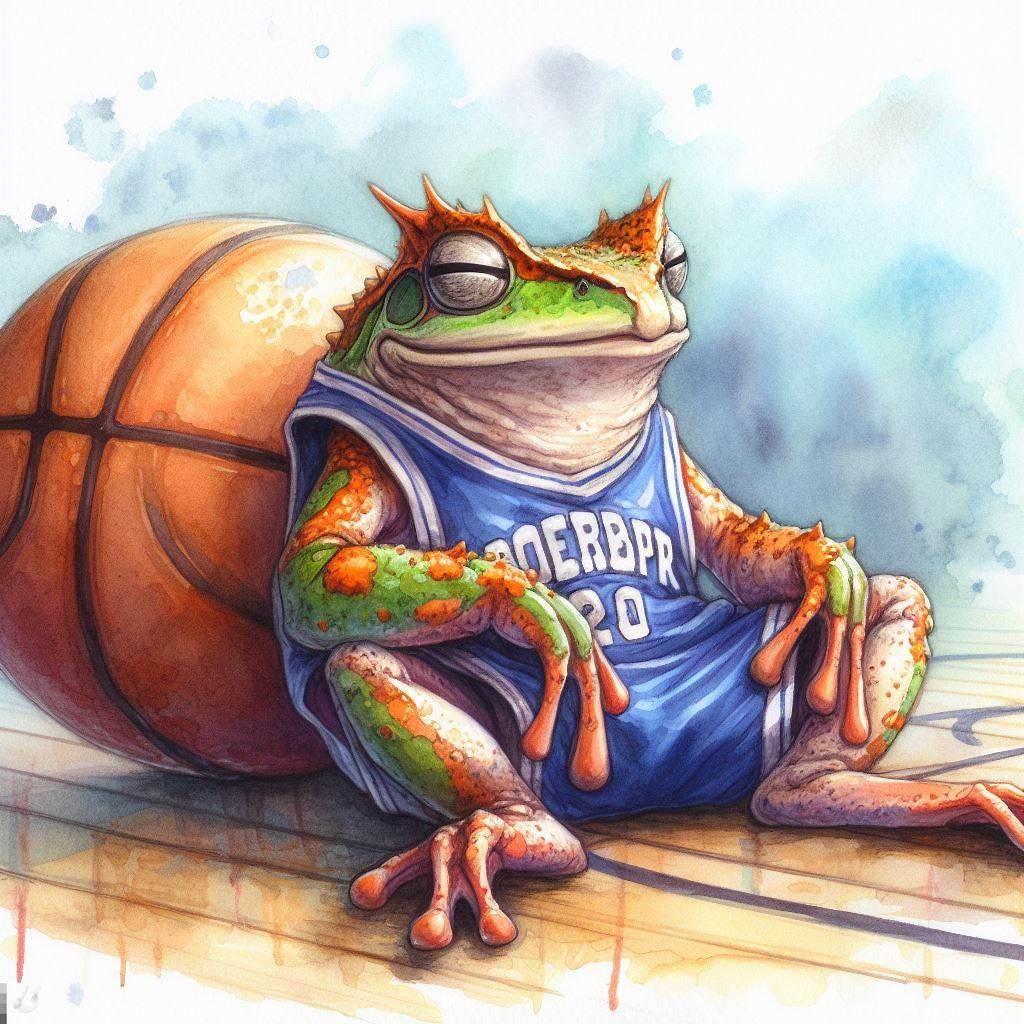 A horned frog in a basketball uniform sleeping on a basketball court, watercolor