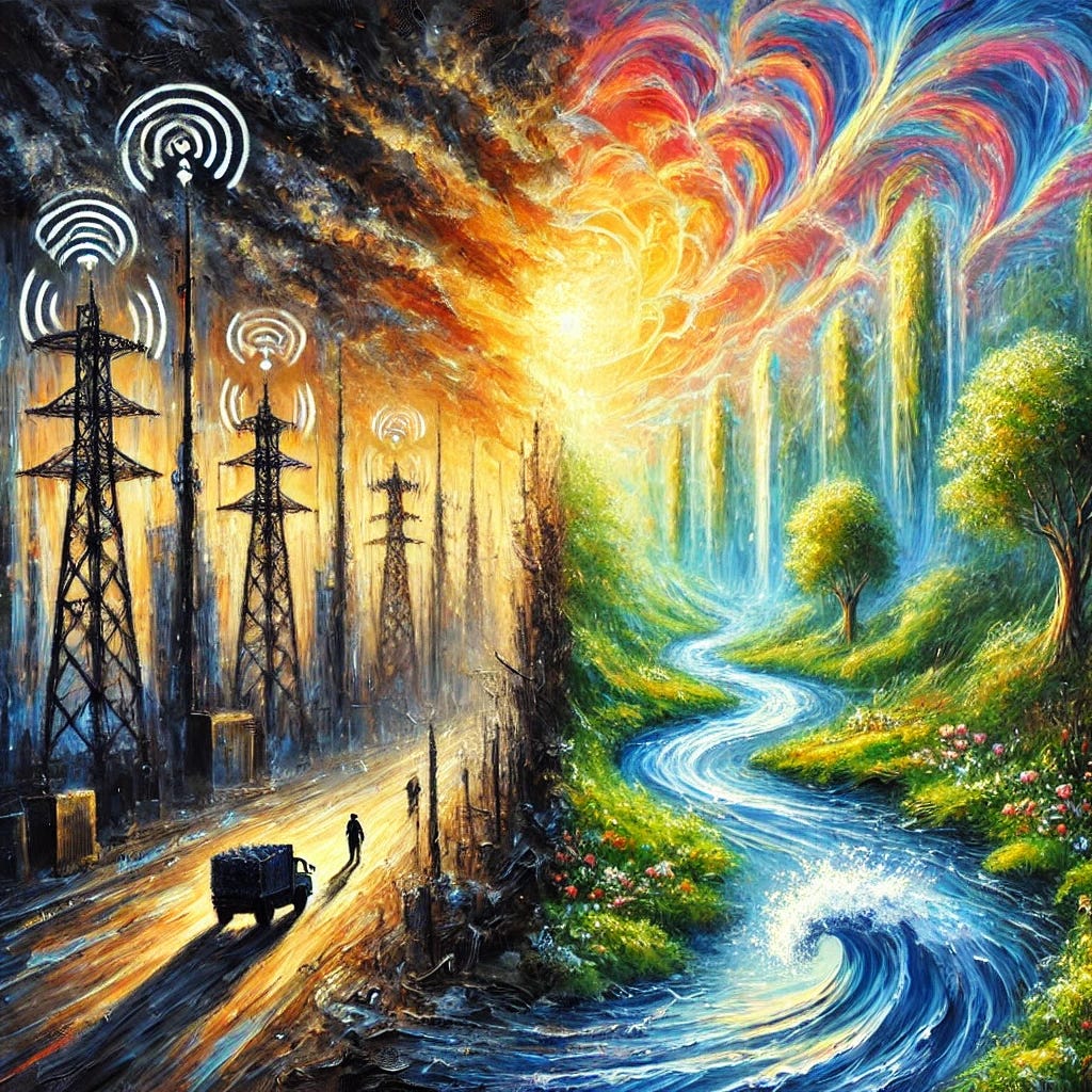 An impressionist oil painting with thick brush strokes that embodies the themes of challenging germ theory and environmental causes of disease. The artwork features a contrast between two scenes: on the left, a dark urban area with 5G towers emitting waves, symbolizing environmental stressors, and on the right, a vibrant natural landscape with structured water flowing through crystalline streams and lush greenery, representing resilience and natural healing. Above, a radiant sky transitions from chaotic electromagnetic waves on the left to harmonious, gentle light on the right. Subtle human silhouettes appear, resonating with the environment, and hinting at the interplay between health, fear, and resilience. The colors are bold and expressive, with a balance of dark tones and luminous highlights.