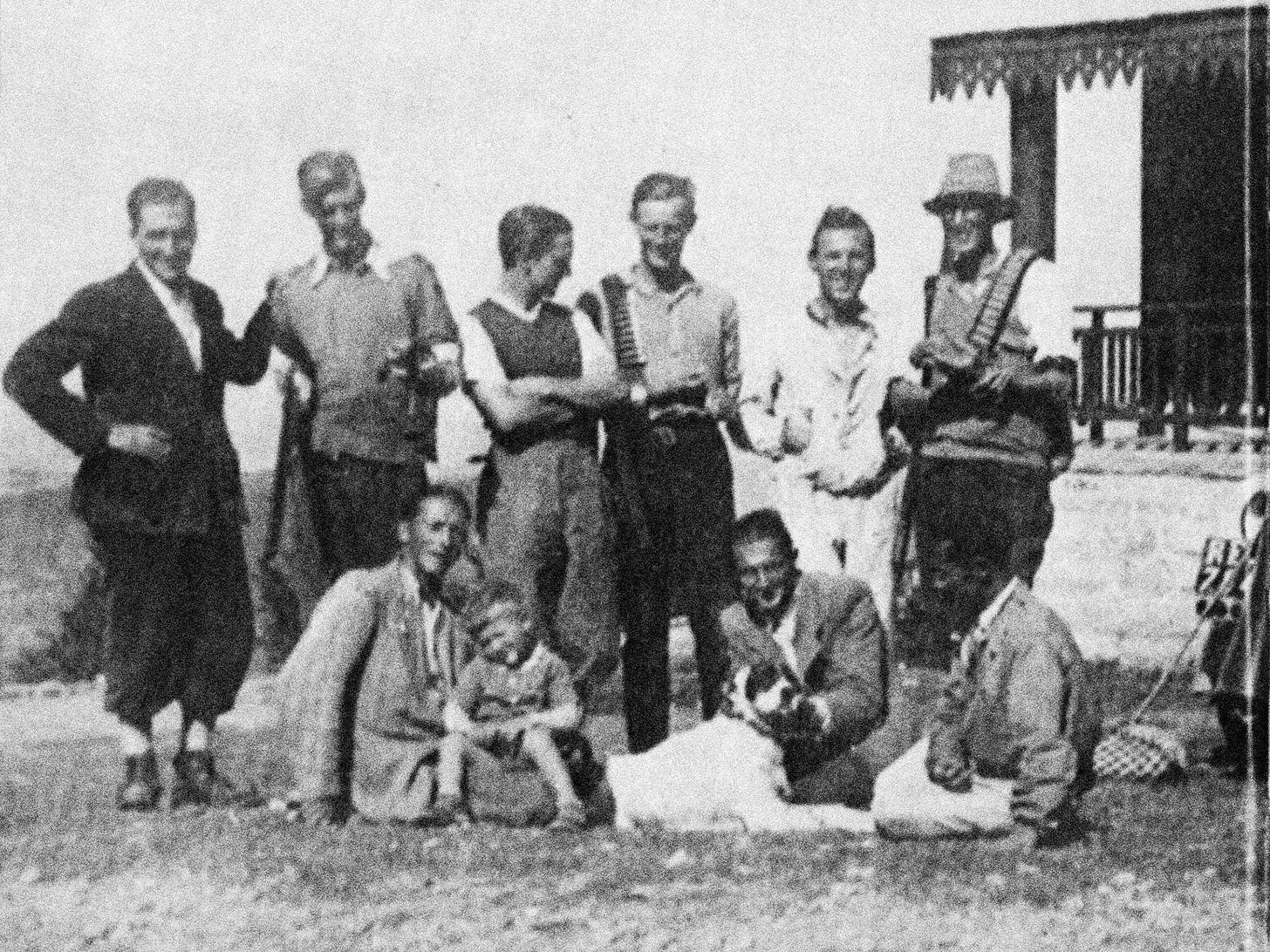 Narrow escape: (Back row) Tony Davies (second from left), Toby Graham (fourth from left) and Michael Gilbert (far right) in Monte Cimone, 1943 Narrow escape: (Back row) Tony Davies (second from left), Toby Graham (fourth from left) and Michael Gilbert (far right) in Monte Cimone, 1943
