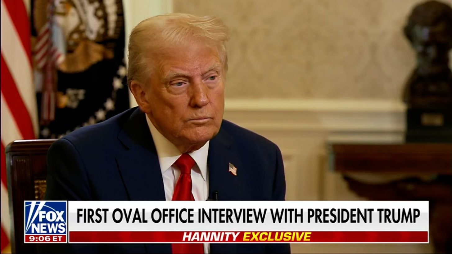 President Donald Trump during an Oval Office interview with Fox News’ Sean Hannity taped Wednesday.