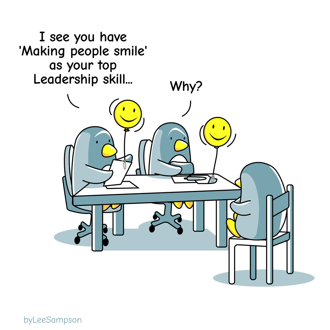 A leadership cartoon about smiling at work featuring penguin, by Lee Sampson.