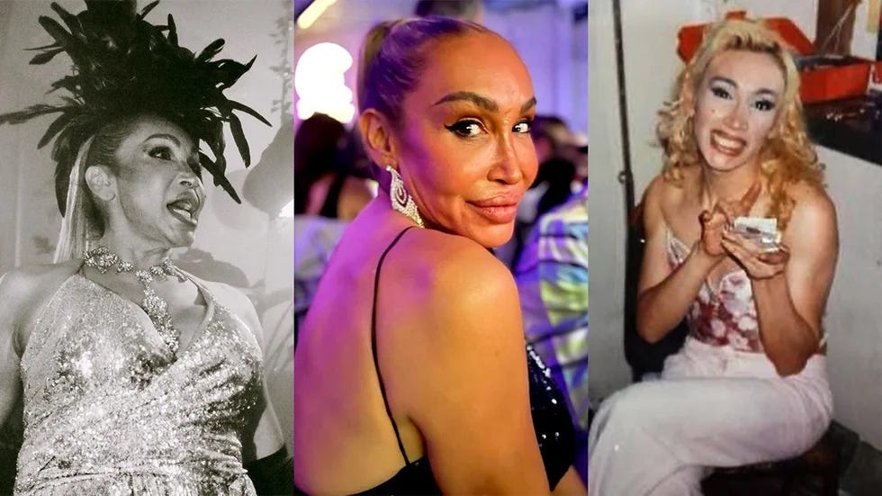 A collage of three photos showing Cecilia Gentili through the years: Wearing a glittery silver dress and feathered headpiece, looking coyly over her bare shoulder, makeup impeccable, and sitting down with a summery outfit on and long blonde hair.