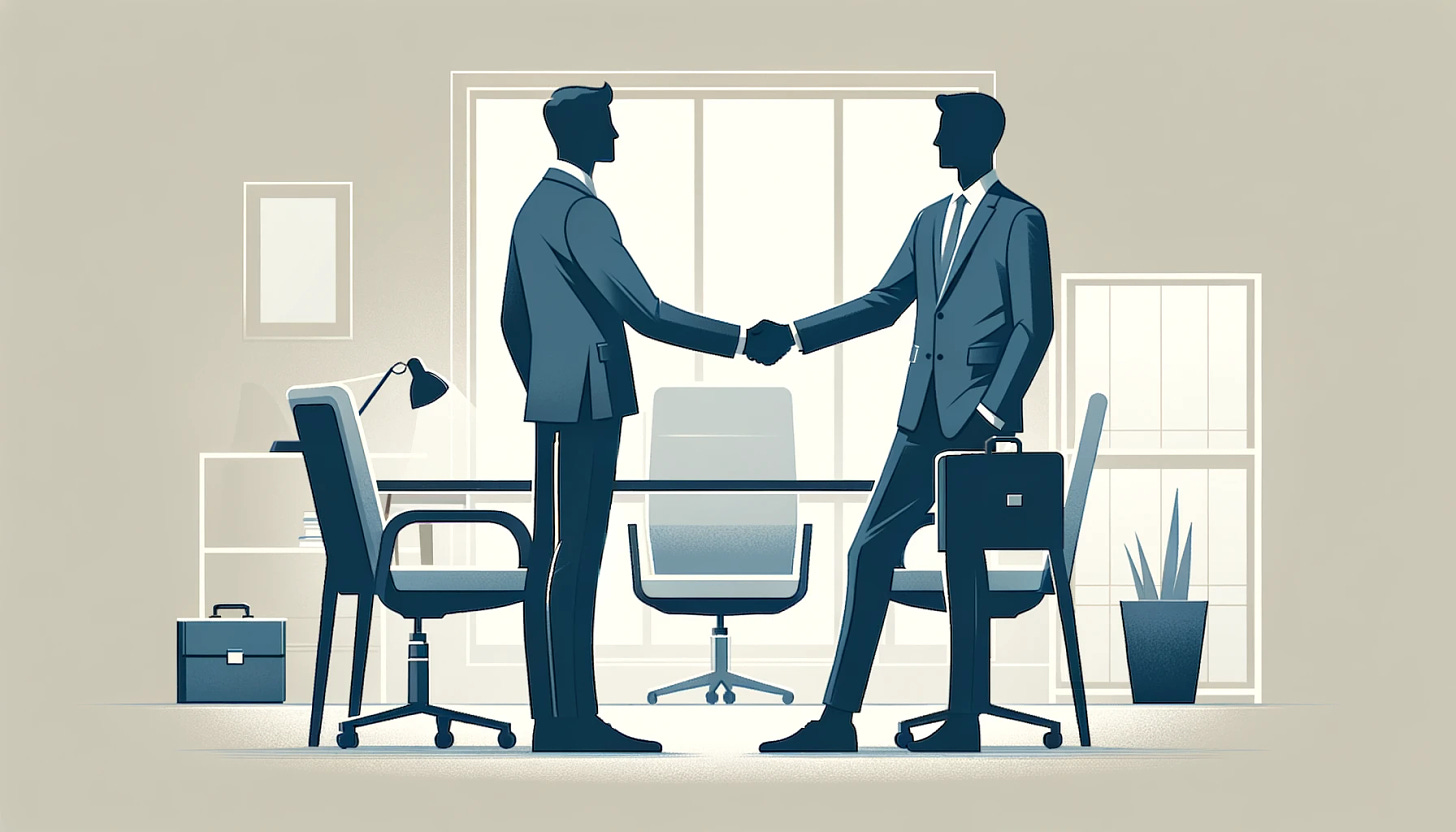 A vector illustration in a minimalist style, focusing on two office workers shaking hands in a friendly manner, showcasing professional camaraderie. The setting is an office environment with a modern and simple design. The characters are depicted in a stylized manner, with clean lines and limited details to emphasize the minimalist approach. The color palette is subtle and professional, using shades of blue, grey, and white. The scene captures the moment of handshake prominently in the center, with a hint of office furniture like a desk or a chair in the background, ensuring the office context is clear but not overpowering.