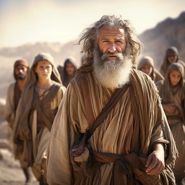 Extremely realistic image of a weathered old man with a beard and rough clothing followed by other men and women in a rocky desert setting. Extremely realistic image of a weathered old man with a beard and rough clothing followed by other men and women in a rocky desert setting.