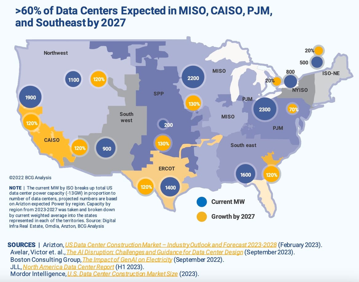 Map of data center electricity demand and growth forecasts