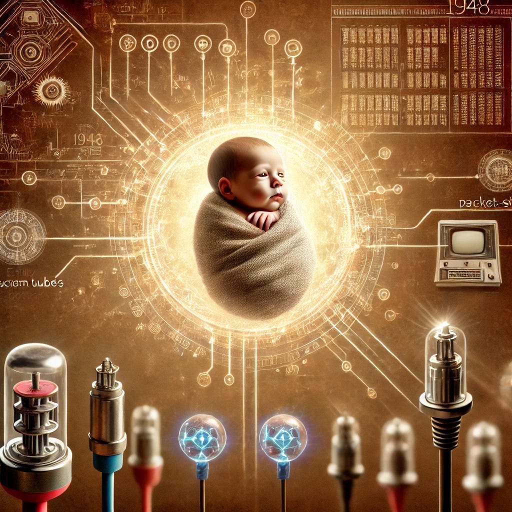 A realistic image of a newborn baby, born in 1948, emerging into a futuristic world symbolizing technological progress. The baby is cradled in a soft, glowing blanket, surrounded by subtle visual elements representing technology's evolution: abstract shapes of vacuum tubes, early computers like ENIAC, coaxial cables, packet-switching nodes, and faint blueprints of early networks like ARPANET. The background has a warm, vintage feel merging with hints of futuristic light, signifying the birth of a new era. The atmosphere is serene, with a sense of wonder and hope.