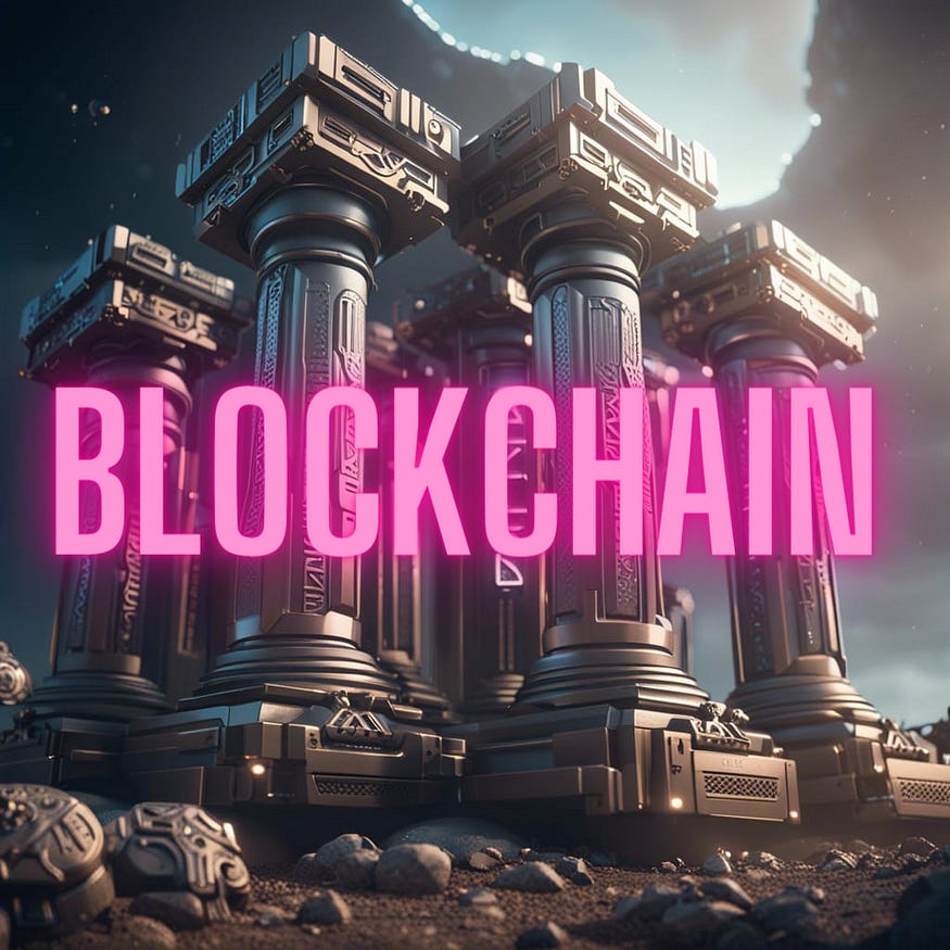There are modern pillars in the picture with the word “Blockchain” written over them