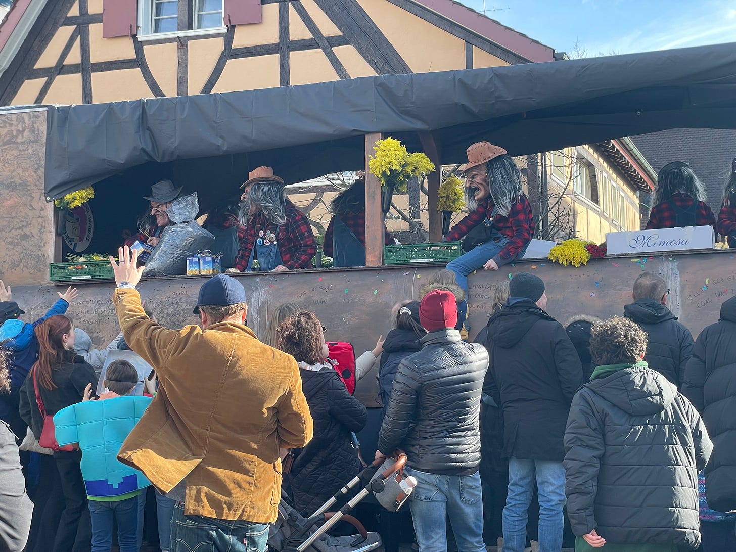 People wearing Freddy Kruger-like masks on a float at the Allschwiler Fasnacht