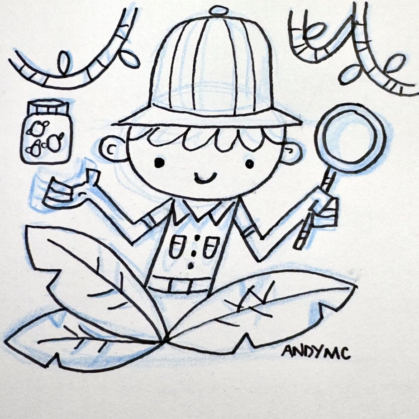 a marker sketch of a boy hunting for wild colors