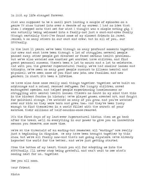 Misha Collins teary letter to Supernatural fans.