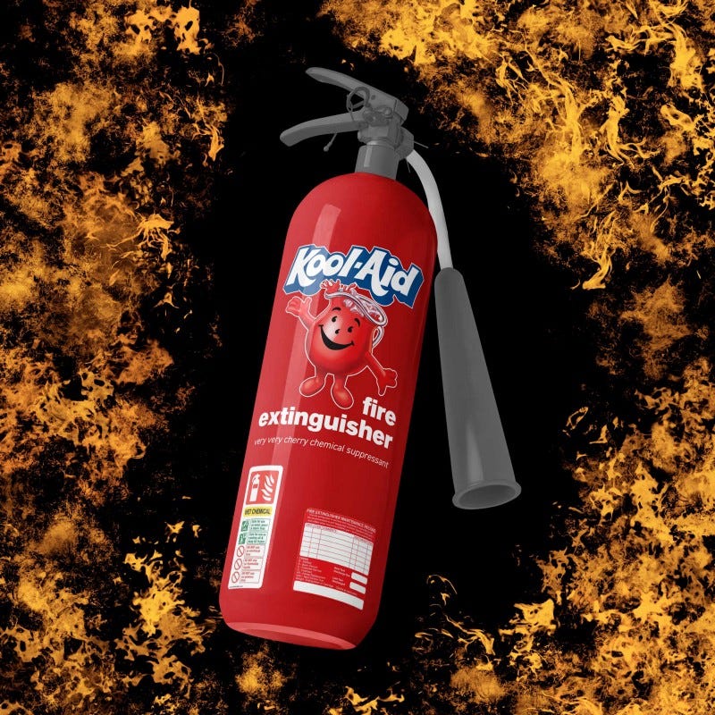 A red Kool-Aid branded fire extinguisher that says ‘very very cherry fire suppressant’ floating over a stylized firey background.
