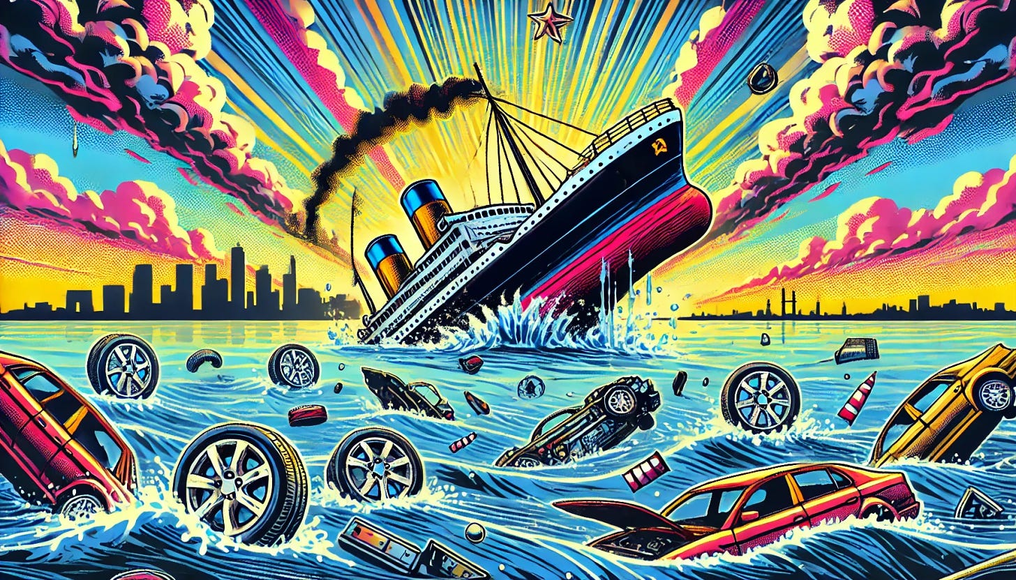 A dynamic pop-art style illustration depicting a sinking ship labeled 'Stellantis' amidst a turbulent sea. The ship is surrounded by floating car parts, such as wheels, engines, and broken pieces, representing the struggles of the automobile industry. In the background, a dramatic skyline with bright colors and rays of light shining down, emphasizing the chaos and uncertainty in the automotive sector. The colors should be vibrant, and the atmosphere should feel intense, capturing the metaphor of a sinking giant in the industry. The style should be colorful, energetic, and detailed with a modern pop-art feel.