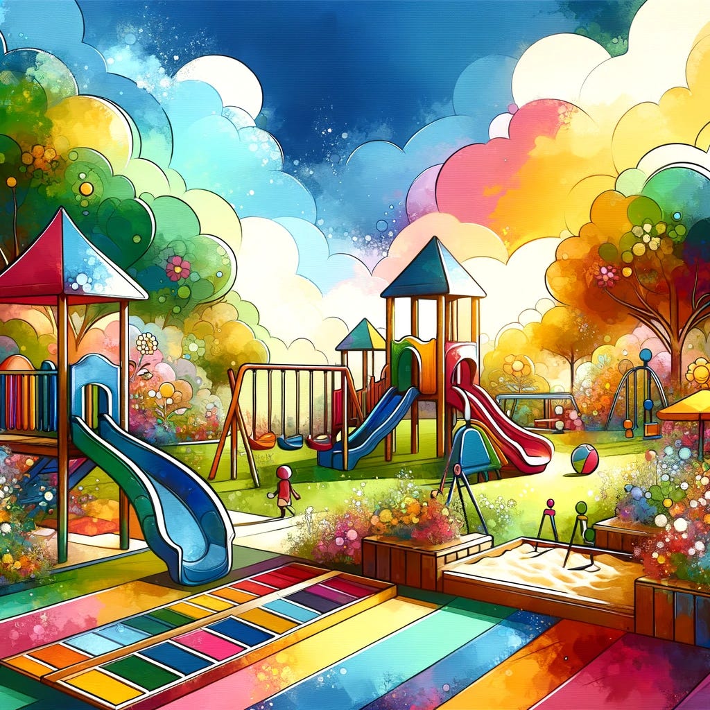 "Create a colorful and artistic representation of a playground. The scene should be lively and filled with various playground equipment like slides, swings, and a sandbox. Trees and flowers should decorate the background, contributing to a pleasant and inviting atmosphere. The sky should be a bright blue with a few fluffy clouds, emphasizing a cheerful and energetic ambiance. The playground should be buzzing with activity, with children playing and laughing, but ensure the children are represented in a way that their individual features are not distinguishable to maintain privacy and adhere to the image generation guidelines."