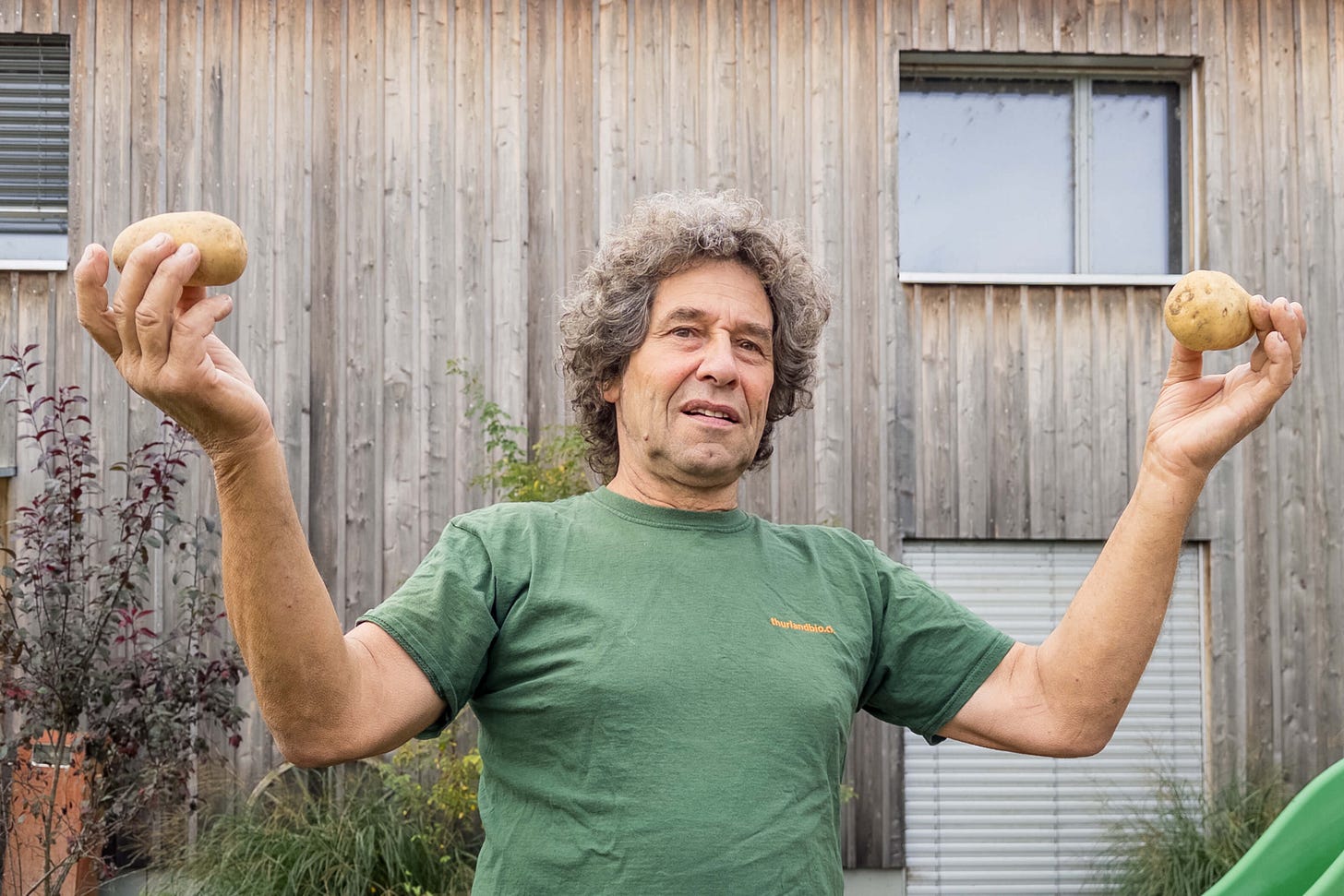 Kartoffelbauer Heinz Höneisen mit zwei Sorten Bio-Kartoffeln in den Händen. Kartoffelbauer Heinz Höneisen mit zwei Sorten Bio-Kartoffeln in den Händen.