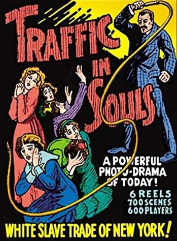 Colourful poster for 1913 film Traffic in Souls - A group of young women cower as an evil businessman wield a whip