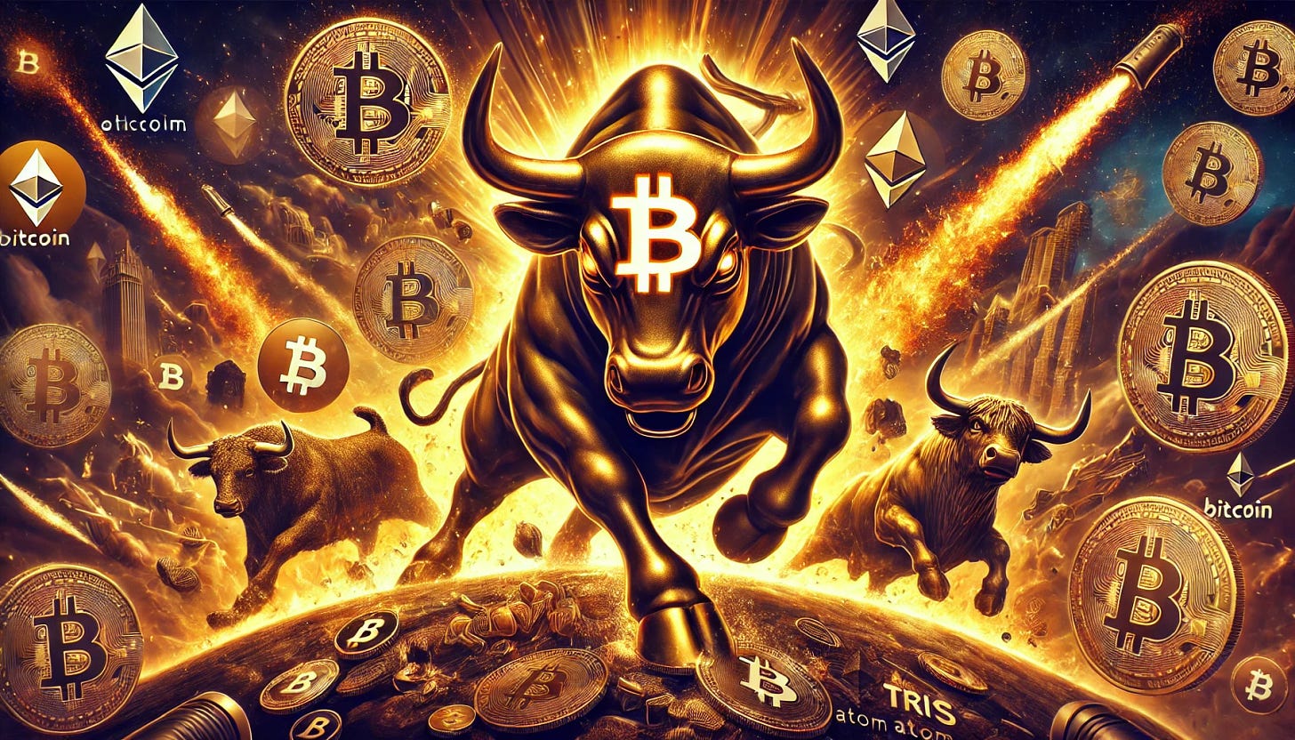 A highly detailed and ultrarealistic banner featuring a golden bull with the Bitcoin logo on its forehead. The bull is depicted aggressively charging at and destroying visual representations of negative aspects that have impacted Bitcoin prices over the last year, such as symbols of economic downturn, regulatory hurdles, and market fear. In the background, other bulls with logos of various altcoins like Celestia, Ethereum, Trias, Atom, etc., are shown in a dynamic, dramatic stance, as if warming up to join the charge. The scene is set in an epic, fiery landscape with vibrant, glowing colors, emphasizing energy and power.