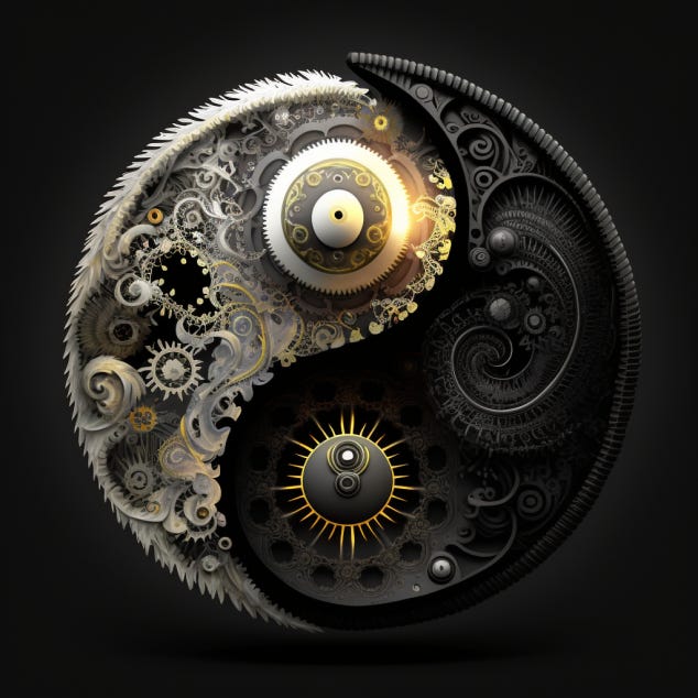 “A yin yang symbol with yin representing high spirituality, whispy and feminine, and yang representing high technology with many intricate gears and circuitry.”