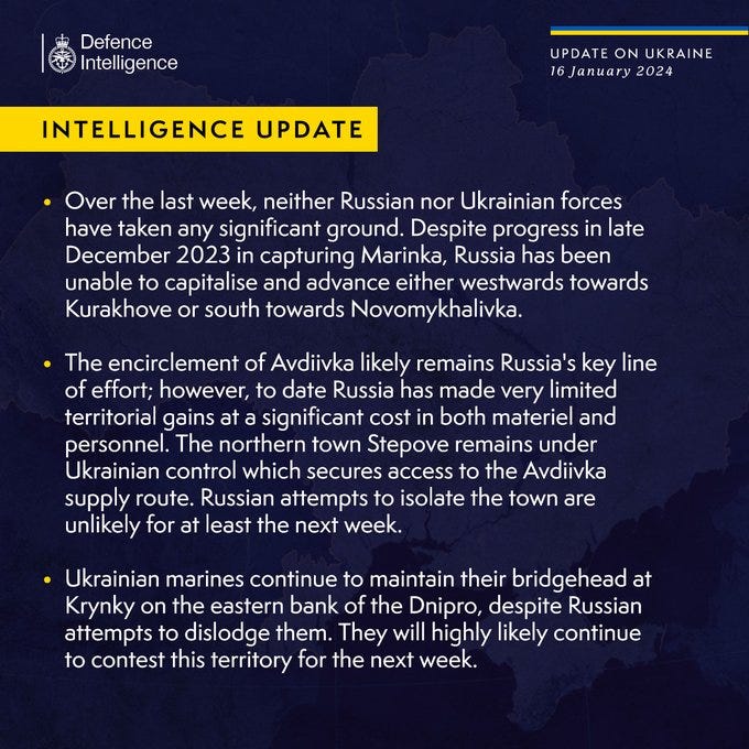 Over the last week, neither Russian nor Ukrainian forces have taken any significant ground. Despite progress in late December 2023 in capturing Marinka, Russia has been unable to capitalise and advance either westwards towards Kurakhove or south towards Novomykhalivka.
 
The encirclement of Avdiivka likely remains Russia's key line of effort; however, to date Russia has made very limited territorial gains at a significant cost in both materiel and personnel. The northern town Stepove remains under Ukrainian control which secures access to the Avdiivka supply route. Russian attempts to isolate the town are unlikely for at least the next week.

Ukrainian marines continue to maintain their bridgehead at Krynky on the eastern bank of the Dnipro, despite Russian attempts to dislodge them. They will highly likely continue to contest this territory for the next week.