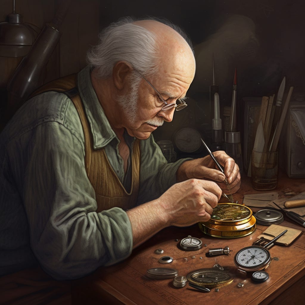 a watchmaker constructing a watch, digital art