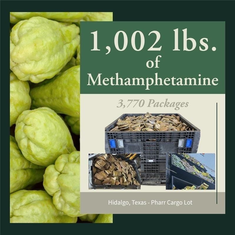 $8.9 million dollars worth of meth were found hidden in a large shipment of Mexican squash at the Pharr International Bridge cargo lot $8.9 million dollars worth of meth were found hidden in a large shipment of Mexican squash at the Pharr International Bridge cargo lot