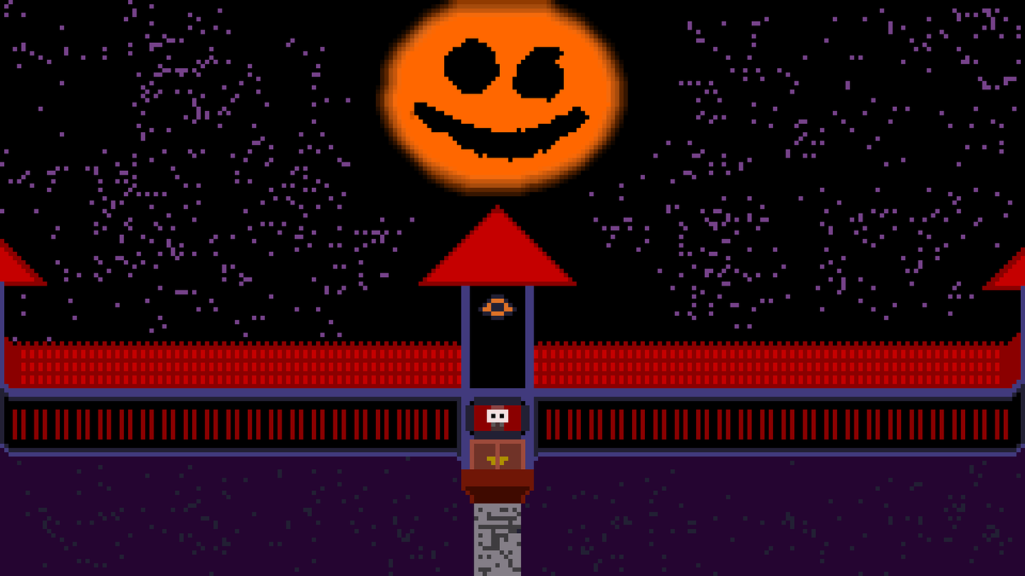 Pixelated Haunted Mansion with Pumpkin Moon