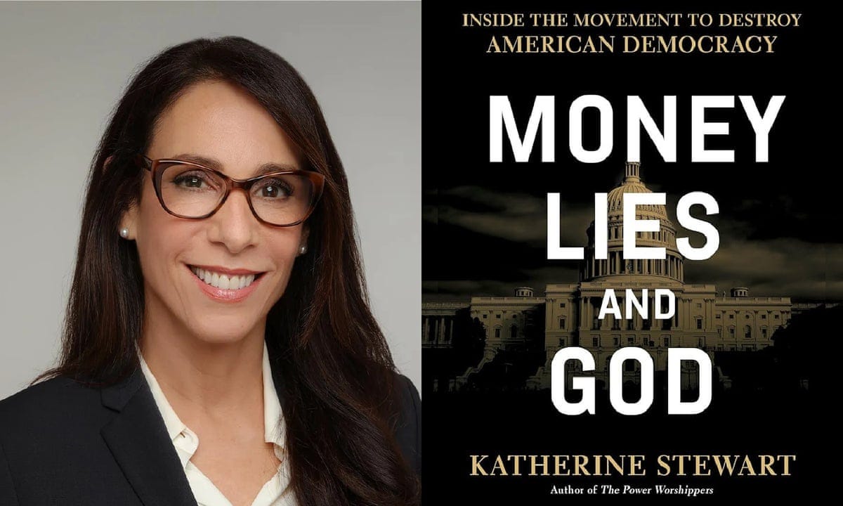 Head shot picture of Katherine Stewart, the author, next to the cover of her book Money, Lies, and God