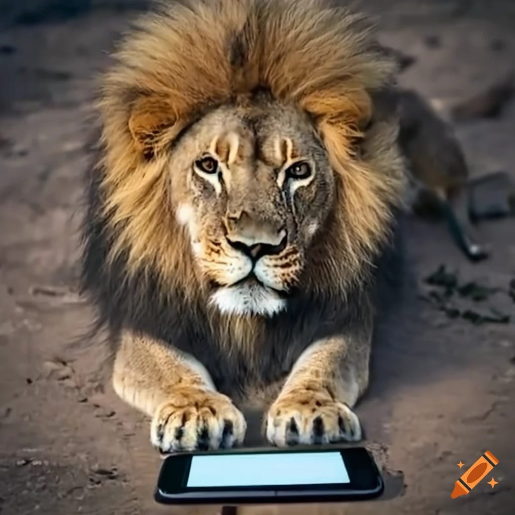 lion looking at his smartphone