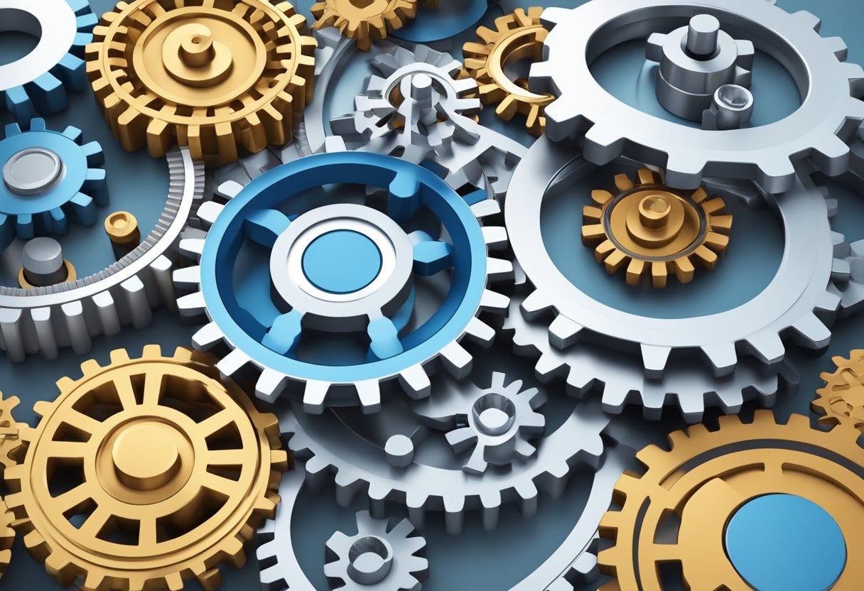 A group of interconnected gears forming a strong and supportive structure, with smaller gears representing failures turning into stepping stones for success