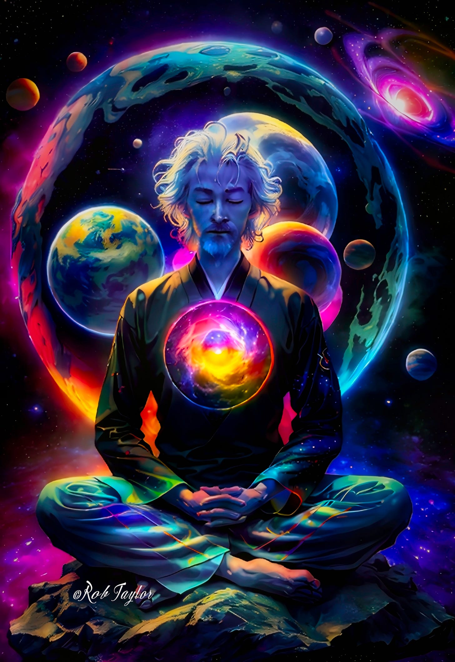 An illustration of a man sitting in meditation on a rock, eyes closed, hands folded, as the universe spins around him—symbolizing the paradigm shift of inner work.