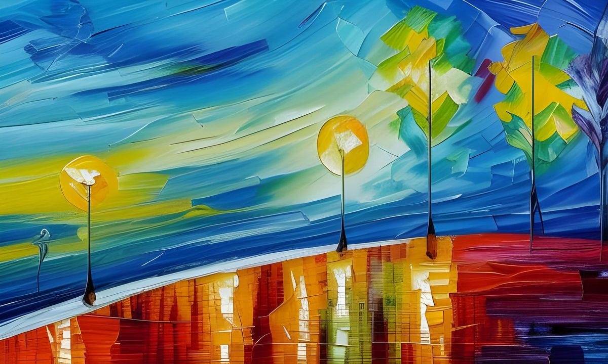 A blue sky punctuated with trees and lampposts that reflect in red river at the forefront of the painting