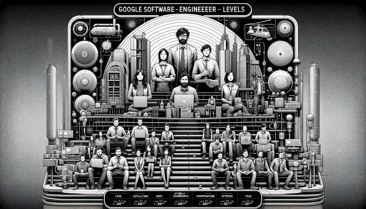 A detailed black and white wide hero image showcasing Google Software Engineer Levels and Salaries. The image should include the levels, their equivalent roles, years of experience, and average total compensation. Make it visually appealing and easy to understand.