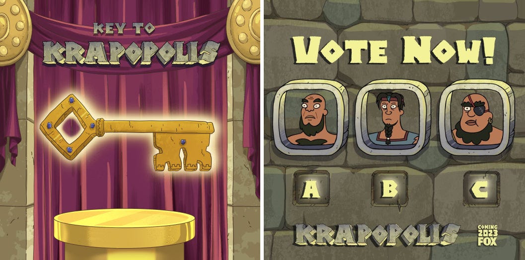 A series of two images, Blockchain Creative Labs' Key to Krapopolis NFT attribute and show voting available fans holding a Krap Chicken NFT style=