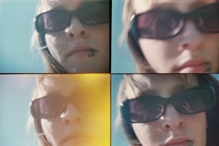 A four-framed photograph of Sarah, circa 2008, wearing sunglasses.