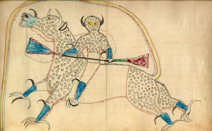 A ledger drawing by Lakota Sioux Chief Black Hawk, depicting a horned Thunder Being (Haokah) on a horse-like creature with eagle talons and buffalo horns. The creature's tail forms a rainbow that represents the entrance to the Spirit World, and the dots represent hail. Accompanying the picture on the page were the words "Dream or vision of himself changed to a destroyer and riding a buffalo eagle."