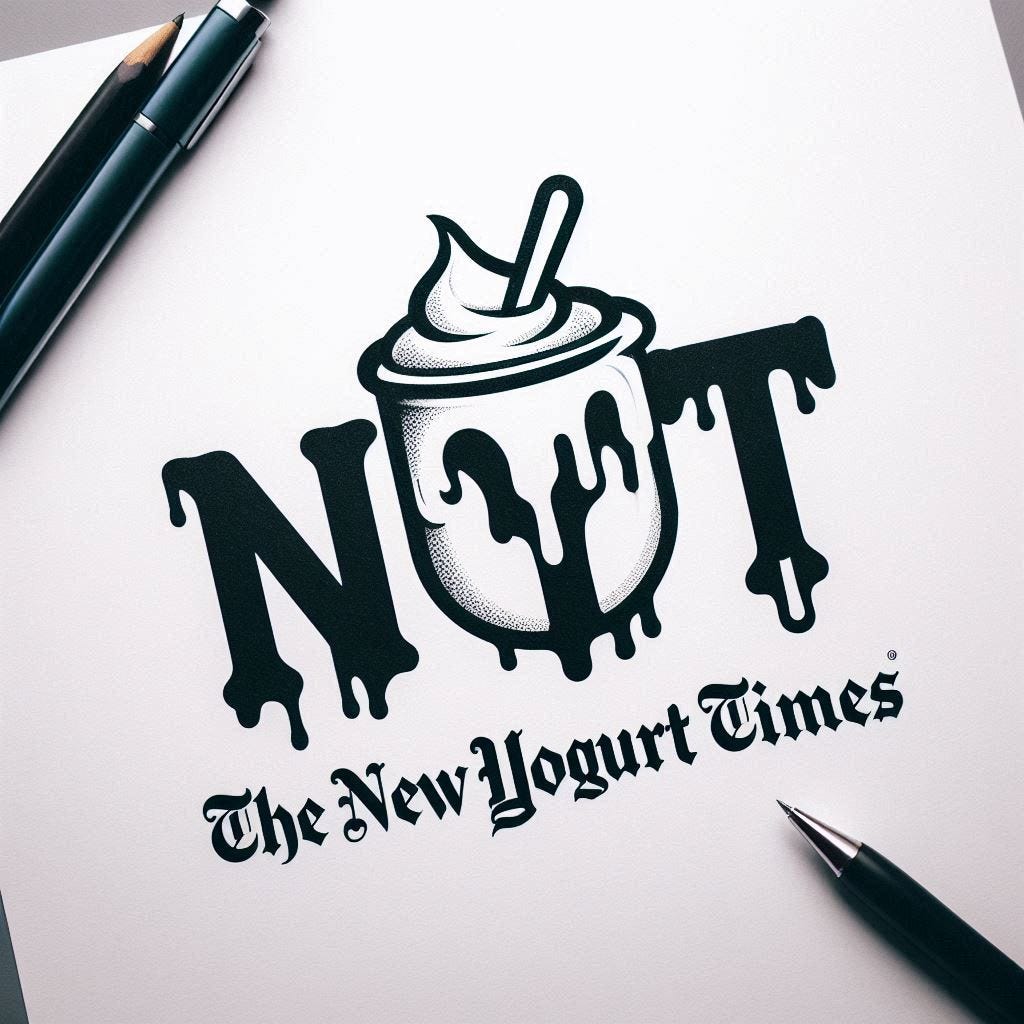 Create a logo for a media company called the New Yogurt Times. The logo should be similar to the New York Times logo, but with a yogurt theme. The letters should appear to be dripping with yogurt. It should just say "NYT"so three letters only- Make it look a lot like New york times