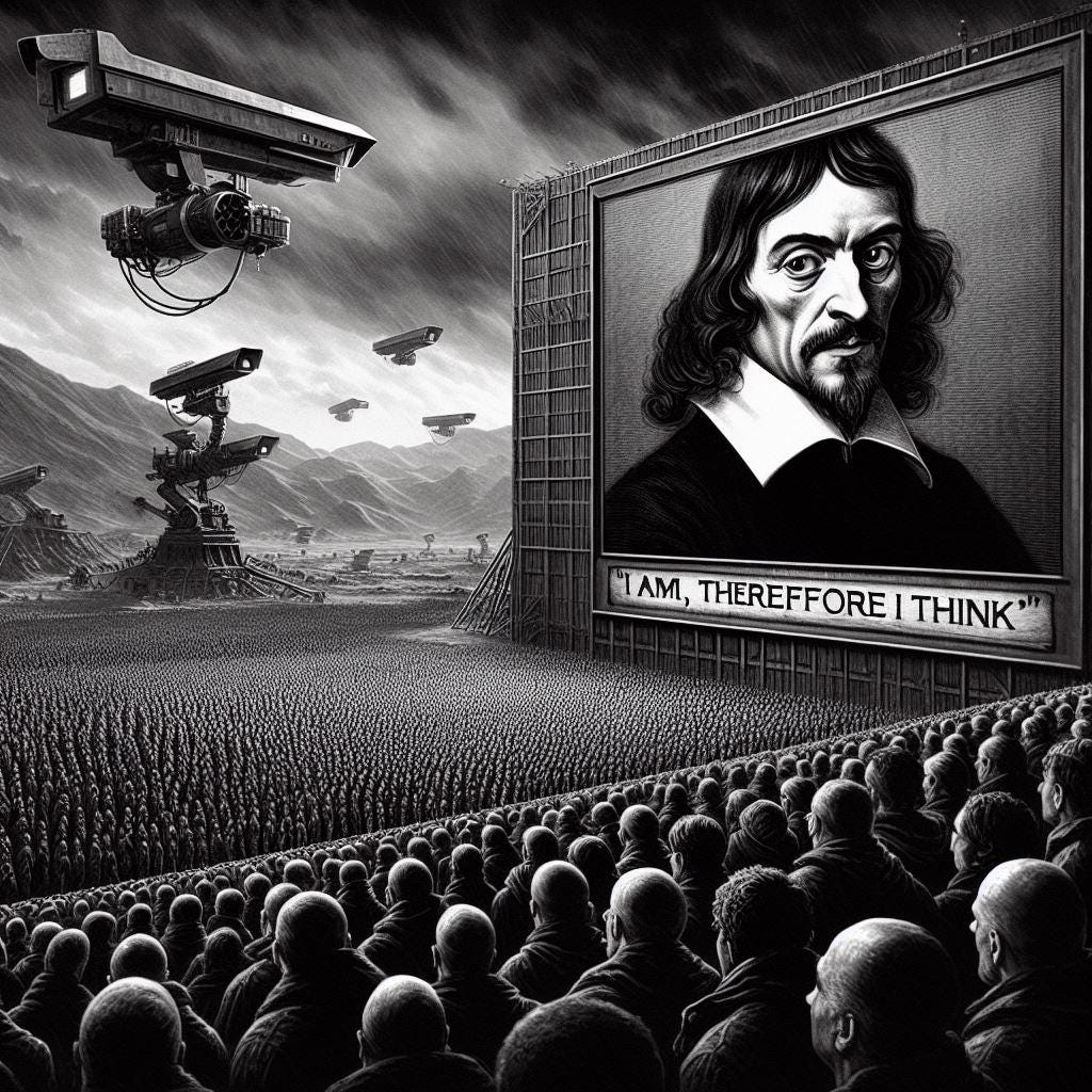Subjects of a totalitarian State gazing upon a screen with an image of Rene Descartes with the caption, “I am, therefore I think. Ominous airships monitor the crowds below for signs of independent thought.