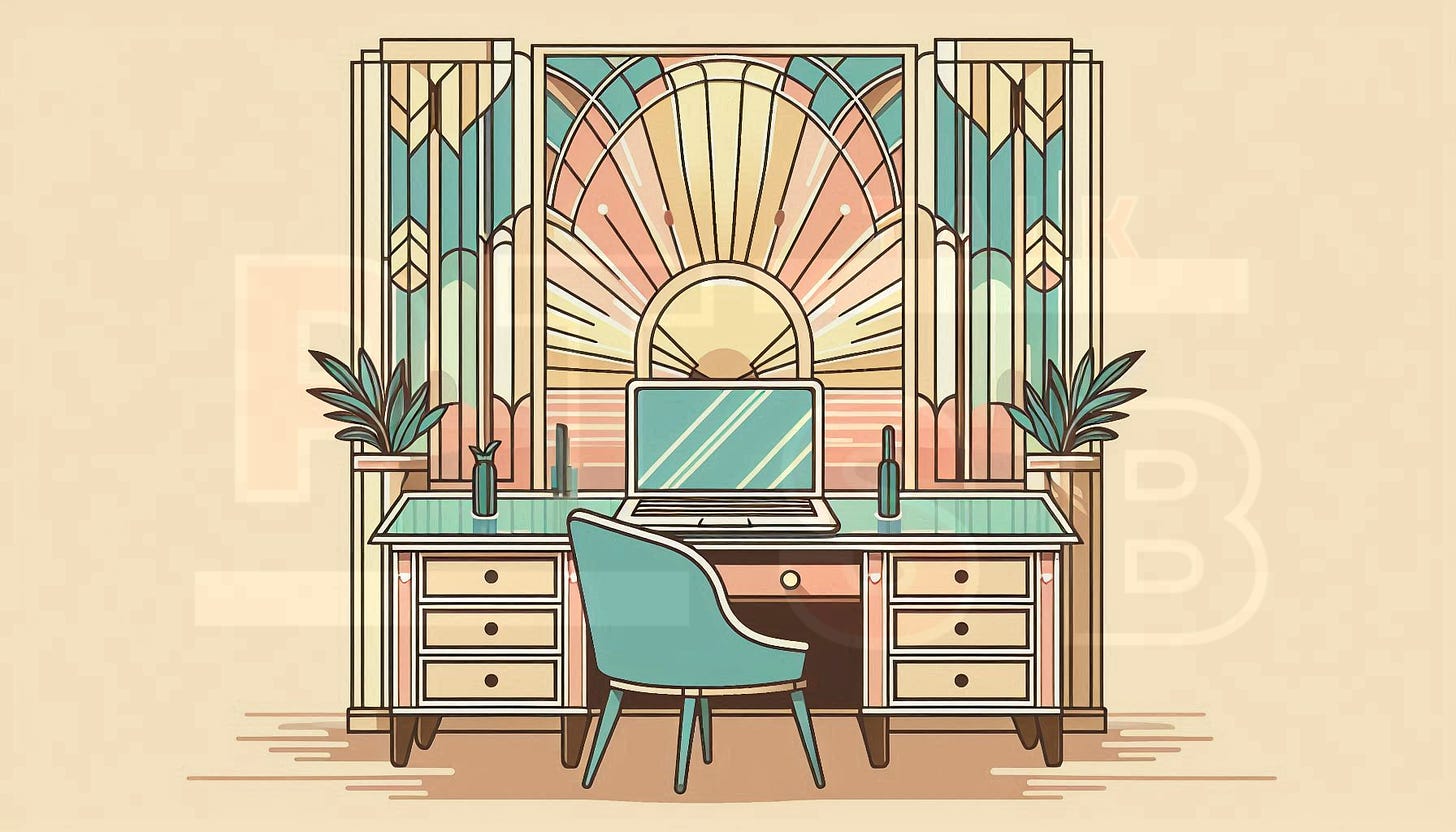 An elegant desk with a light blue laptop on top in an art deco illustration style with sunbeams shining through from behind the tall glass panes in light yellow, pink, and green colors and a soft brown background.