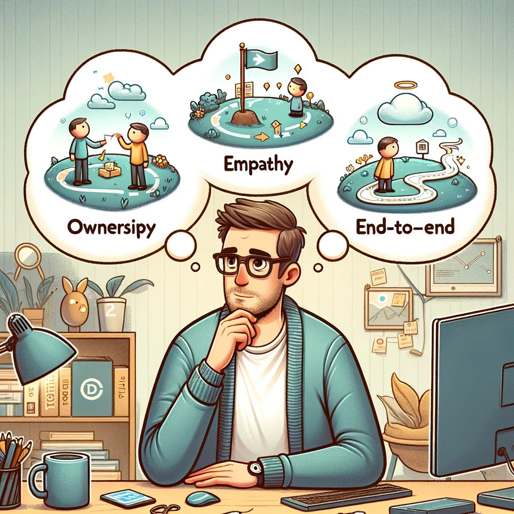 A cartoon depicting a developer relations expert deep in thought. The expert is dressed in casual smart attire, with glasses and a friendly expression. Around the expert's head, three thought bubbles appear, each containing a symbolic representation of a concept: 1) Ownership - represented by a small figure holding a flag, planting it on a digital landscape, symbolizing taking charge. 2) Empathy - illustrated by two cartoon figures, one comforting the other, in a setting that suggests a supportive and understanding environment. 3) End-to-End Thinking - depicted by a cartoonish, winding road stretching from start to finish, with various stages marked along the way, symbolizing a comprehensive approach. The background is a cozy office setting, with a computer, books, and other developer tools subtly included. Ensure that no text is included in the image.