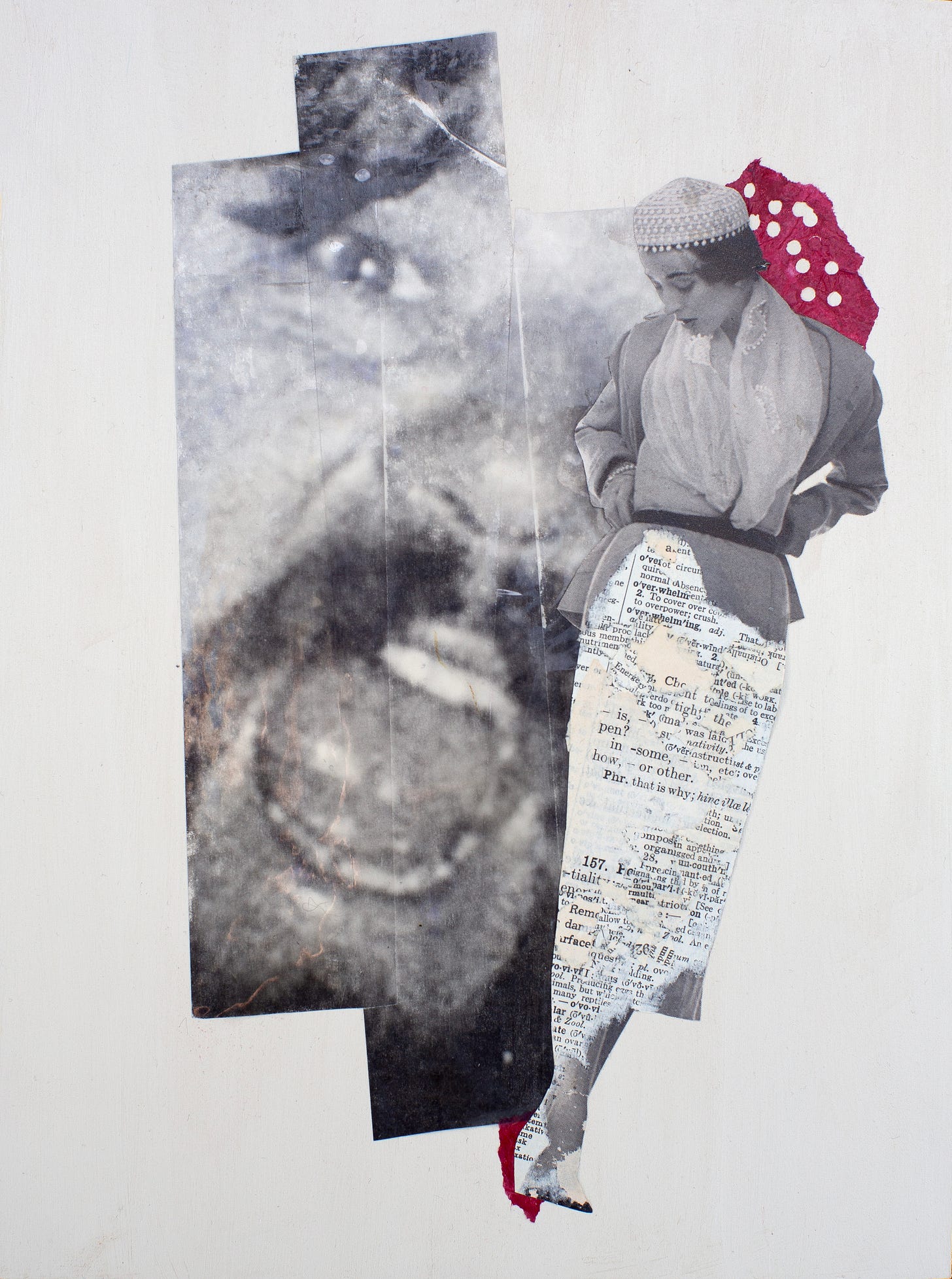 analog collage; background is an image transfer of a screaming man, and in the foreground is a black-and-white woman with layered words creeping over her body, consuming it.