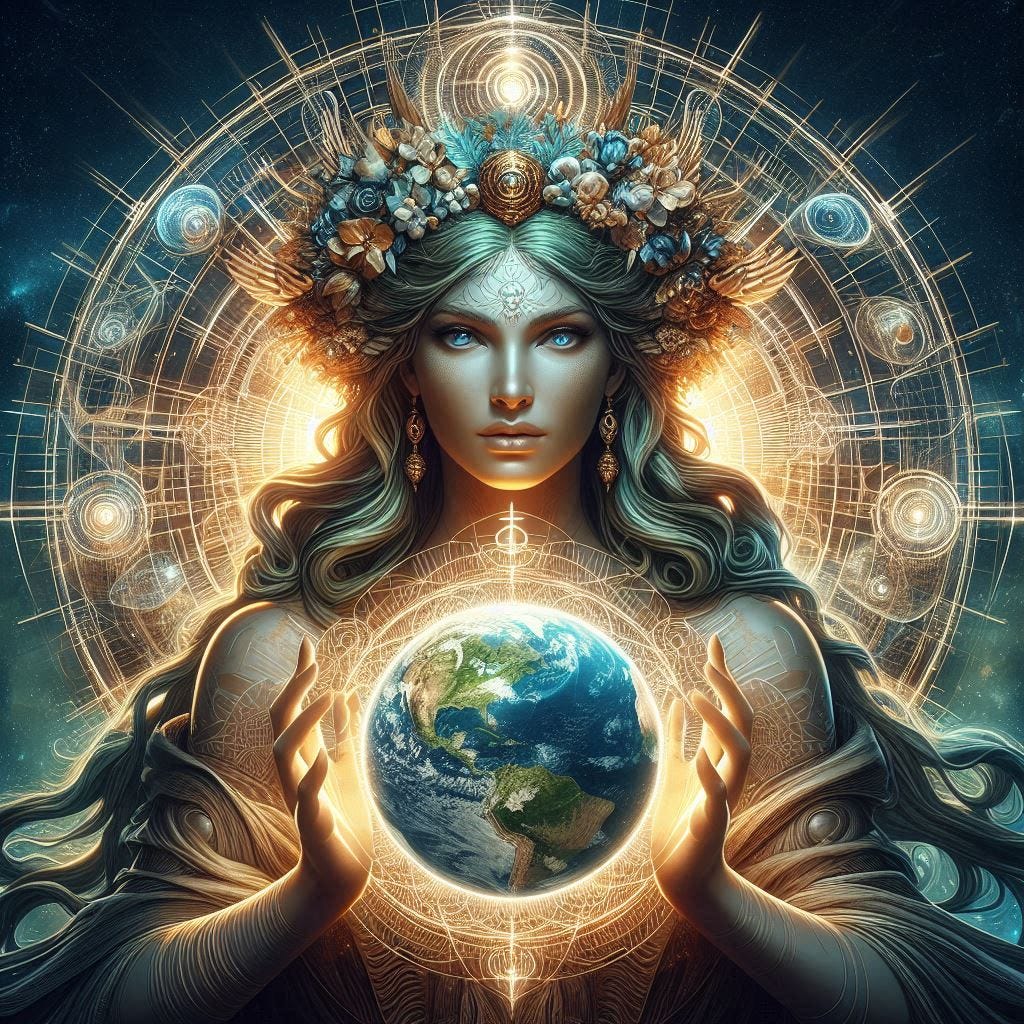 The Goddess Gaia Pantocrateira Shown with Earth in her hands and the words "I am the way, the Truth and the Life" REalistic Sci-fi style