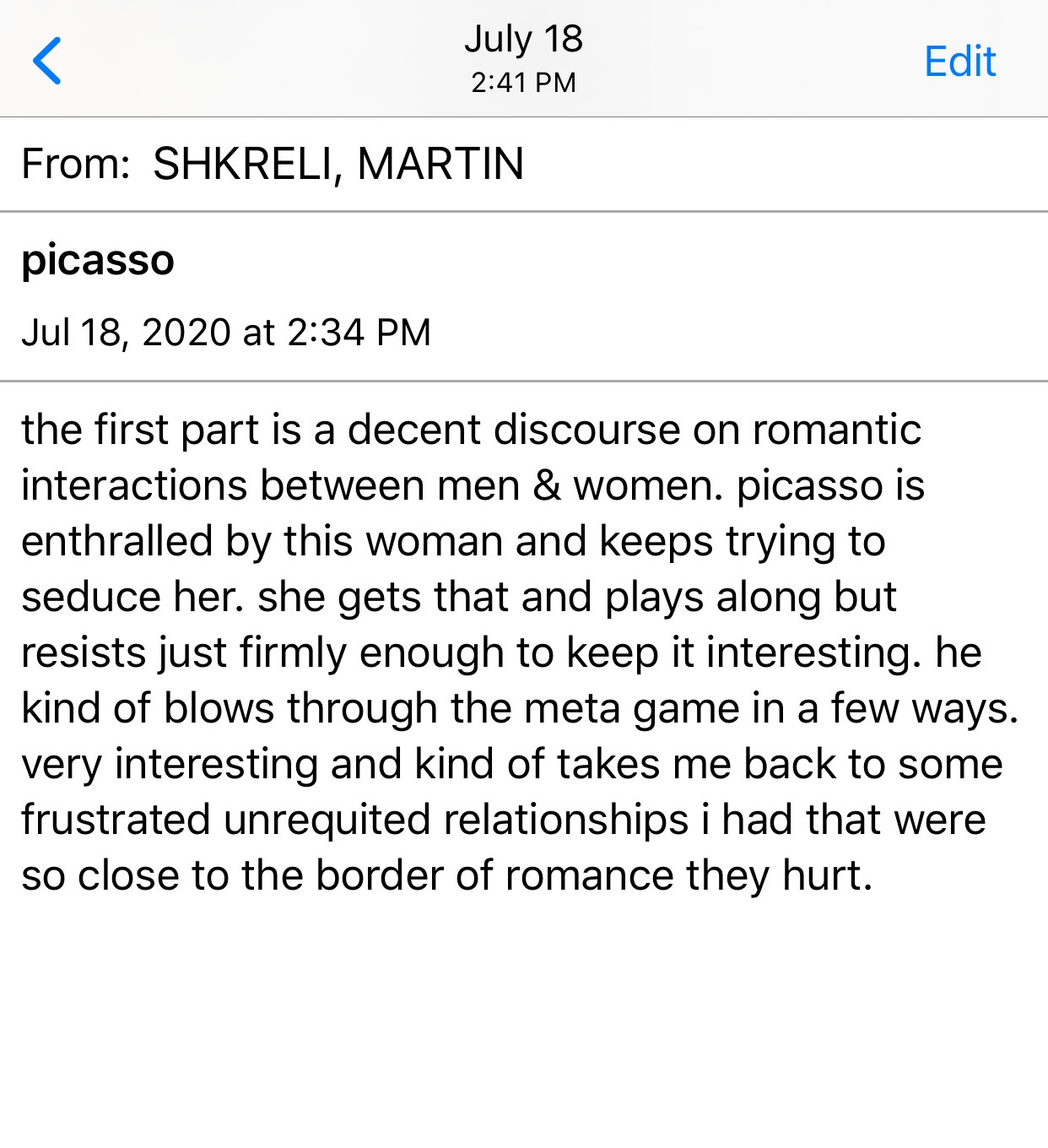 Martin’s comments on “Life with Picasso.”